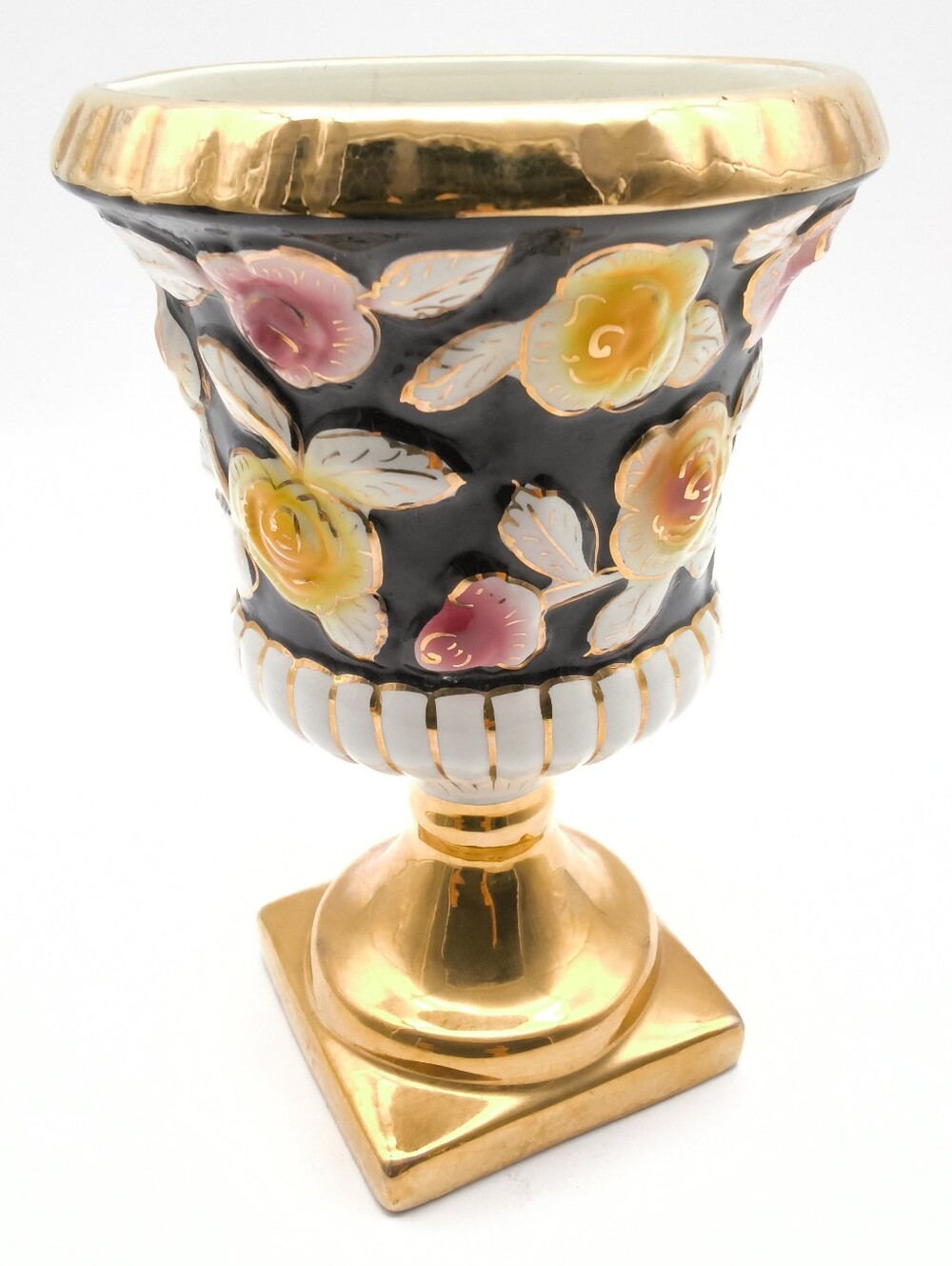 Vintage ELPA Alcobaca Porcelain Rose Urn Vase - Gold 24K Trim, 2493, Portugal